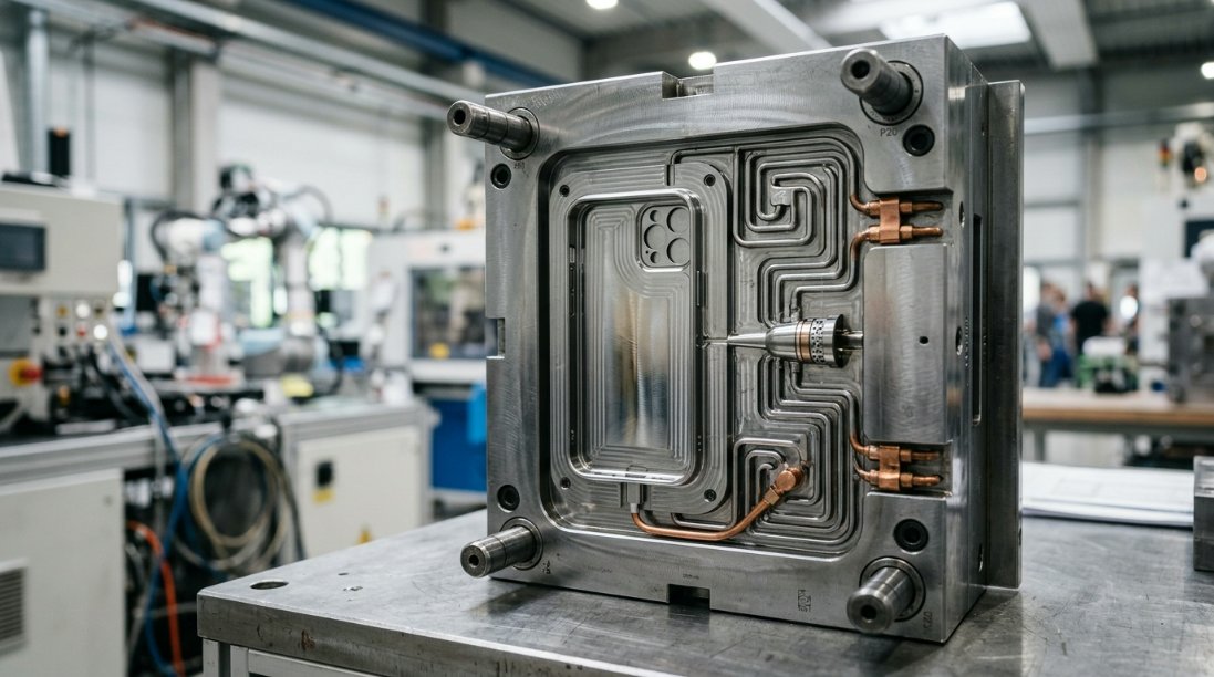 A high-tech industrial plastic injection mold for a smartphone case, showing intricate steel cavities and cooling channels in a clean factory setting.