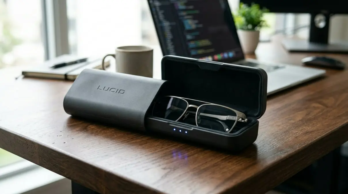 A premium workspace featuring sleek smart glasses resting inside an eco-friendly rigid smart glasses case with subtle biometric LED indicator lights glowing on the front panel.